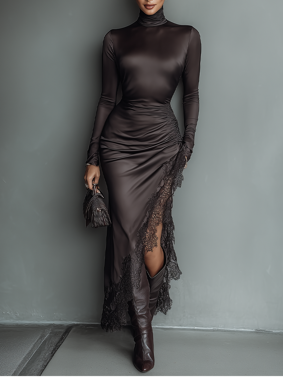 Elegant Maxi Dress with Lace Trim and Irregular Hem