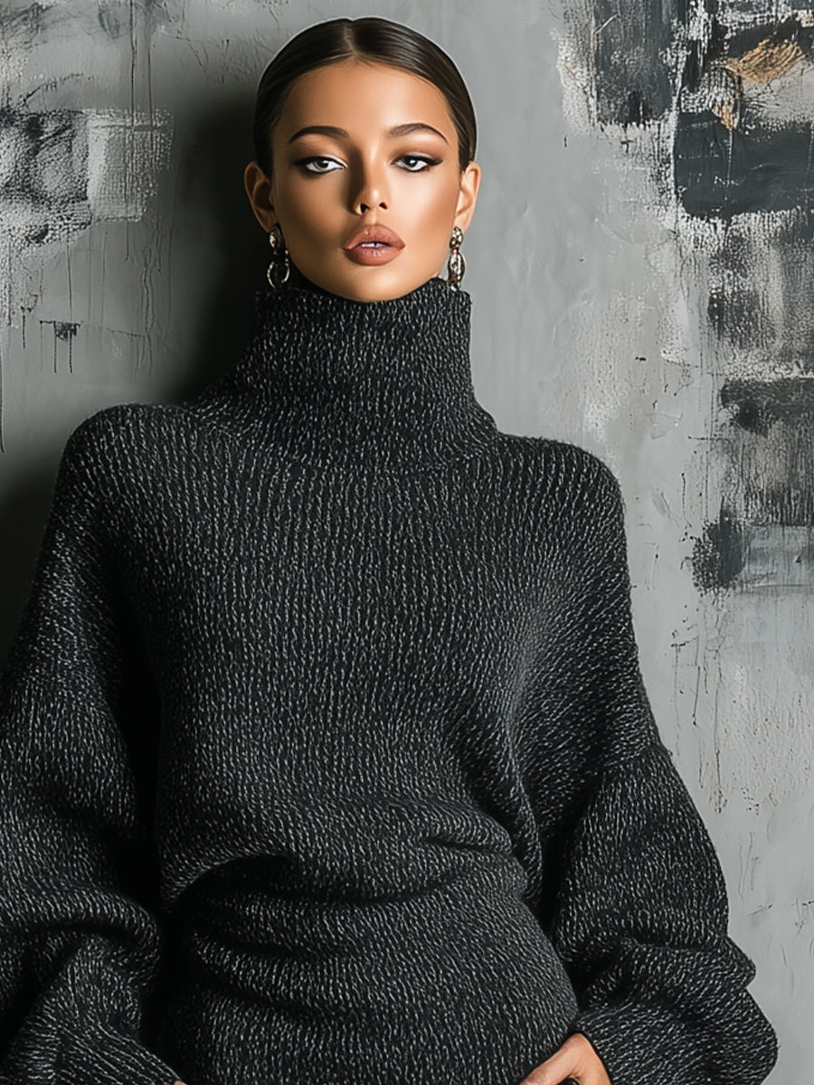 Oversized Turtleneck Sweater Dress for Women Charcoal Midi