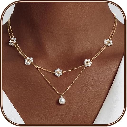 Layered Pearl Necklace with Floral Accent - Gold Statement Jewelry