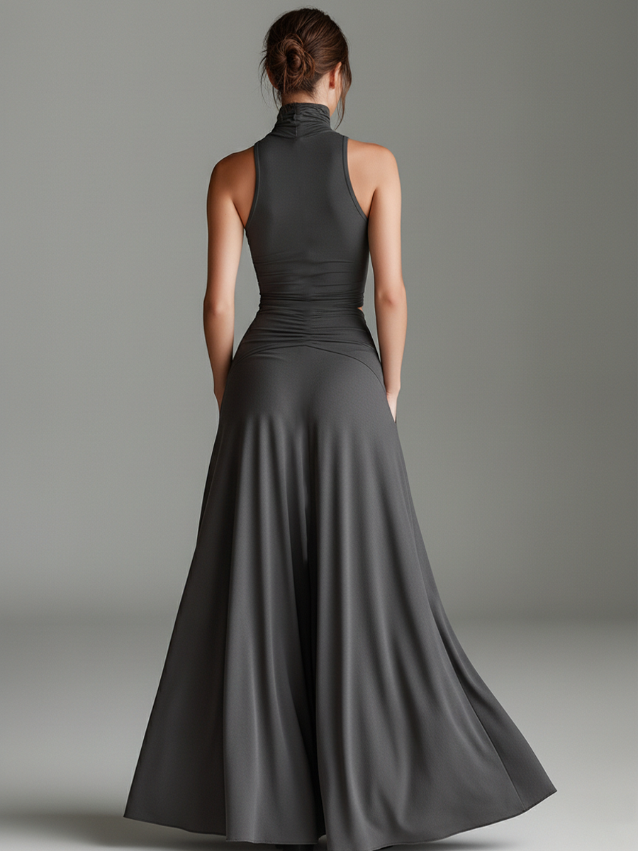 Charcoal Gray Bodycon Dress with Turtleneck Halter and Cutout Waist