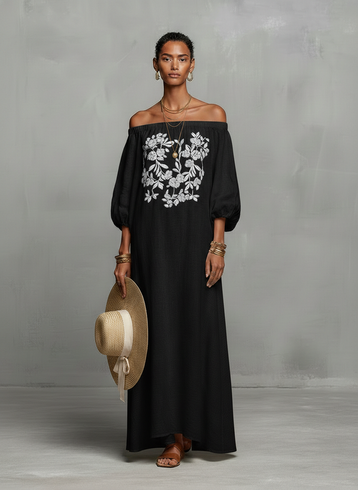 Off Shoulder Maxi Dress with Embroidery and Three Quarter Sleeves