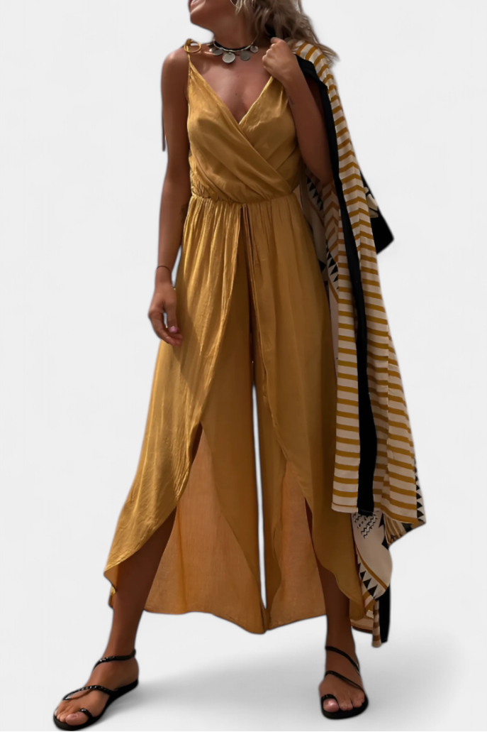 Cotton Jumpsuit Wide Leg Casual Summer Outfit with V-Neck