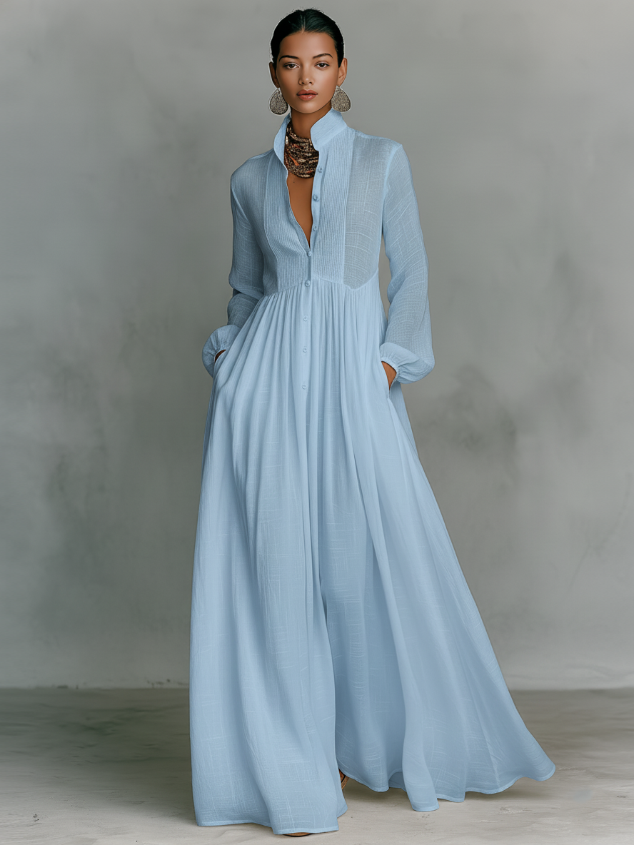 Linen Maxi Dress Long Sleeve with Patchwork Stand Collar