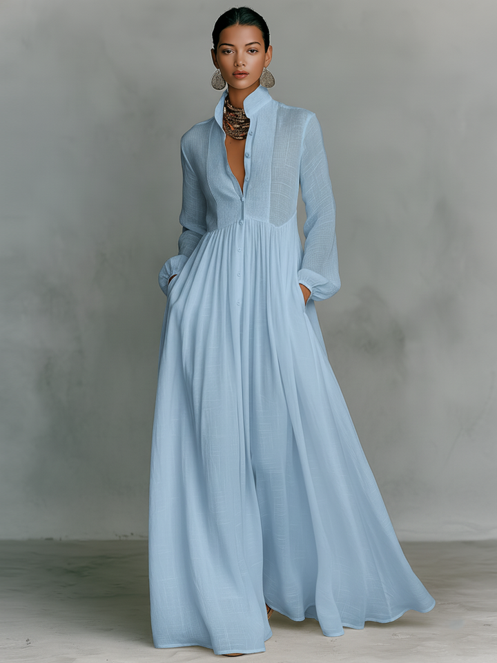 Linen Maxi Dress Long Sleeve with Patchwork Stand Collar