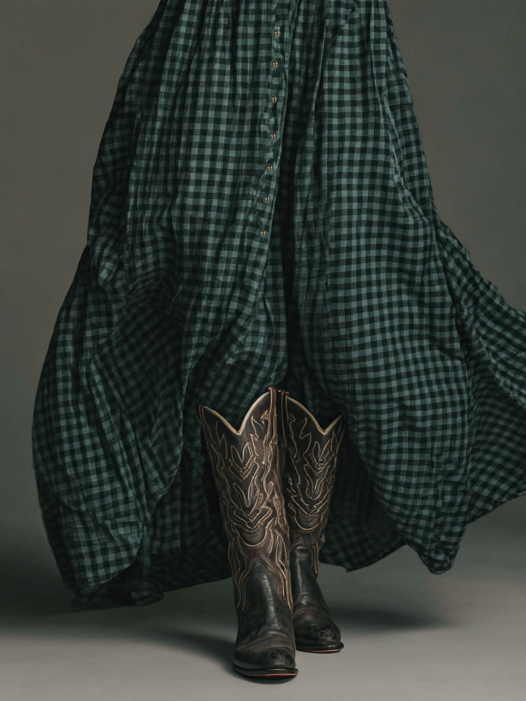 Plaid Shirt Dress Maxi Length Long Sleeve Button Front