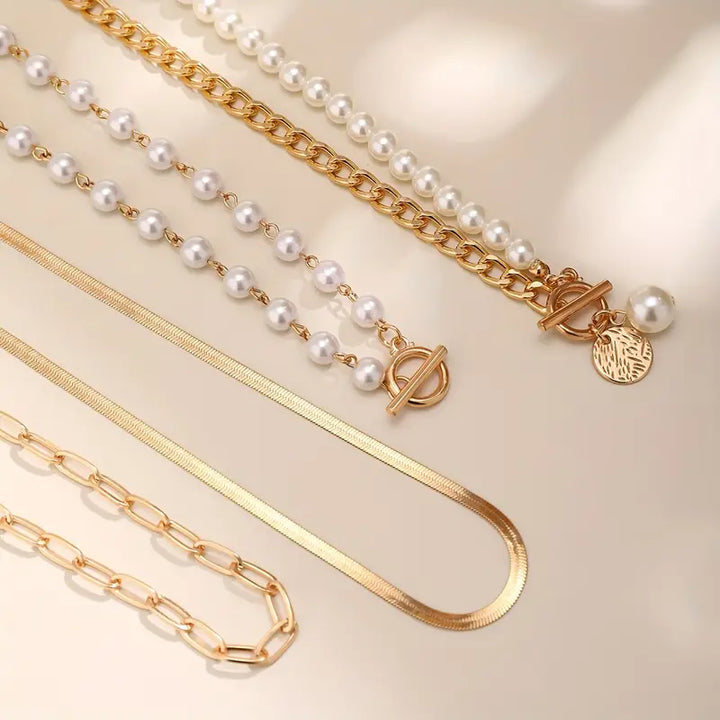 Pearl Snake Chain Necklace Set | Vintage Gold Layered Necklace