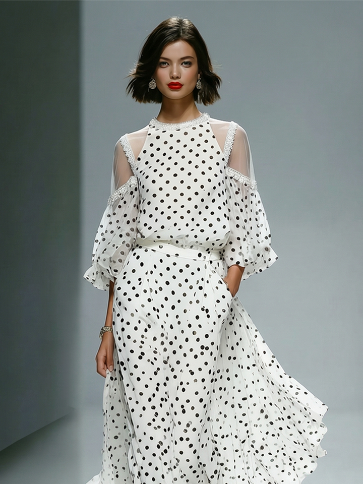 White Polka Dot Maxi Dress with Puff Sleeves