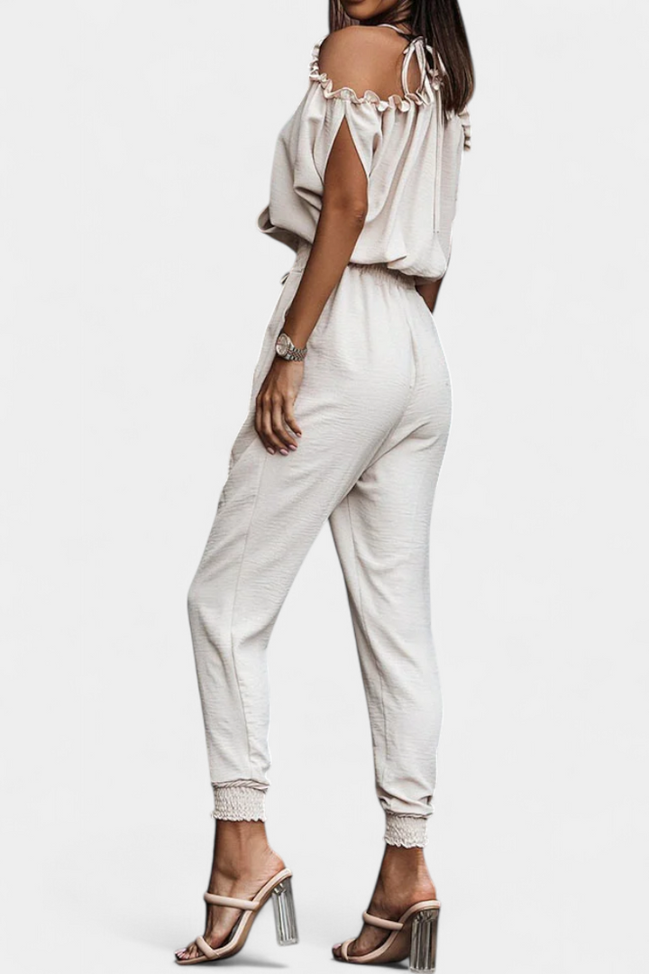 Off-Shoulder Jumpsuit with Knotted Detail and Elastic Waist