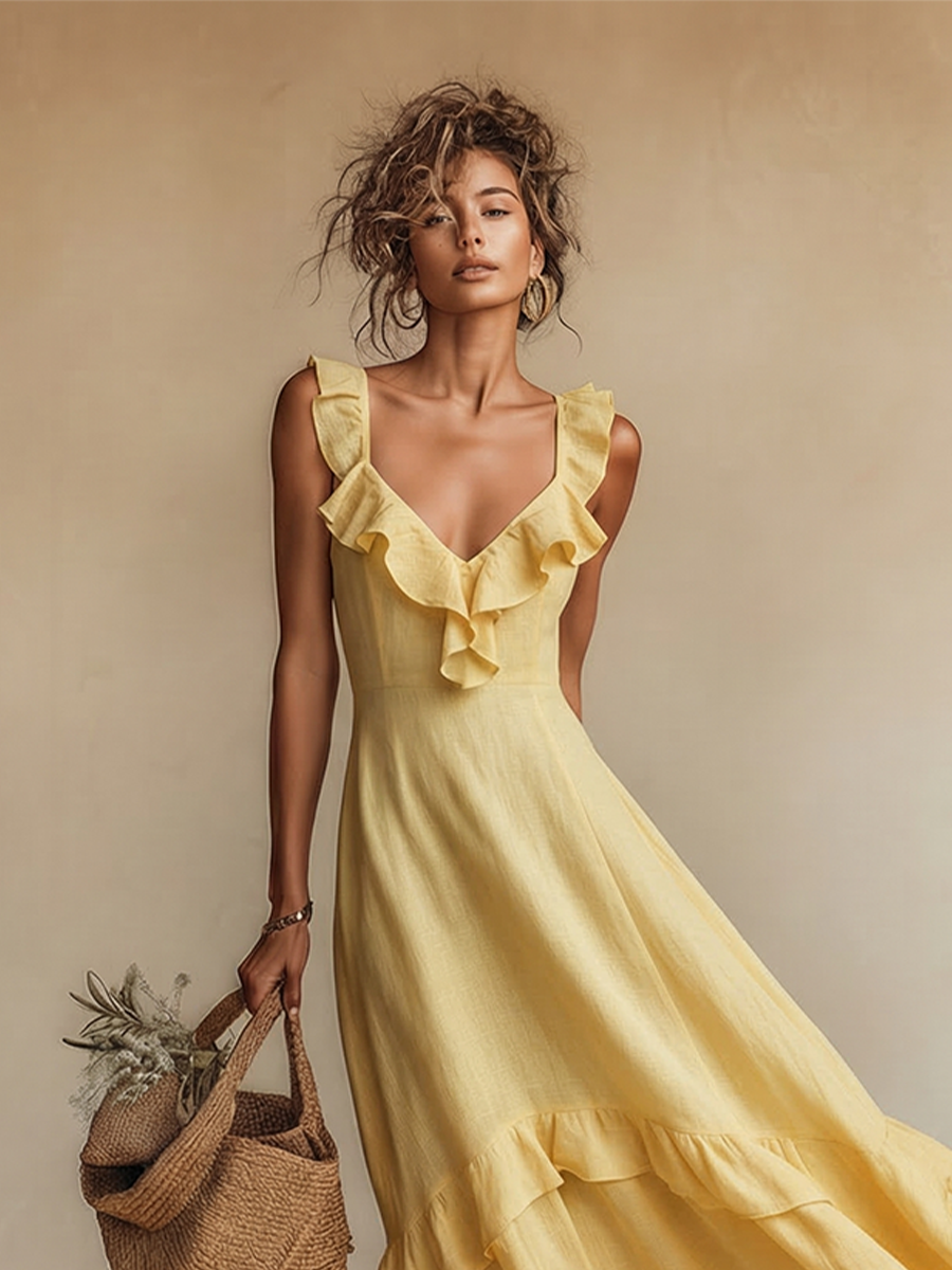 Yellow Linen Maxi Dress with Ruffle V-Neck and Hem