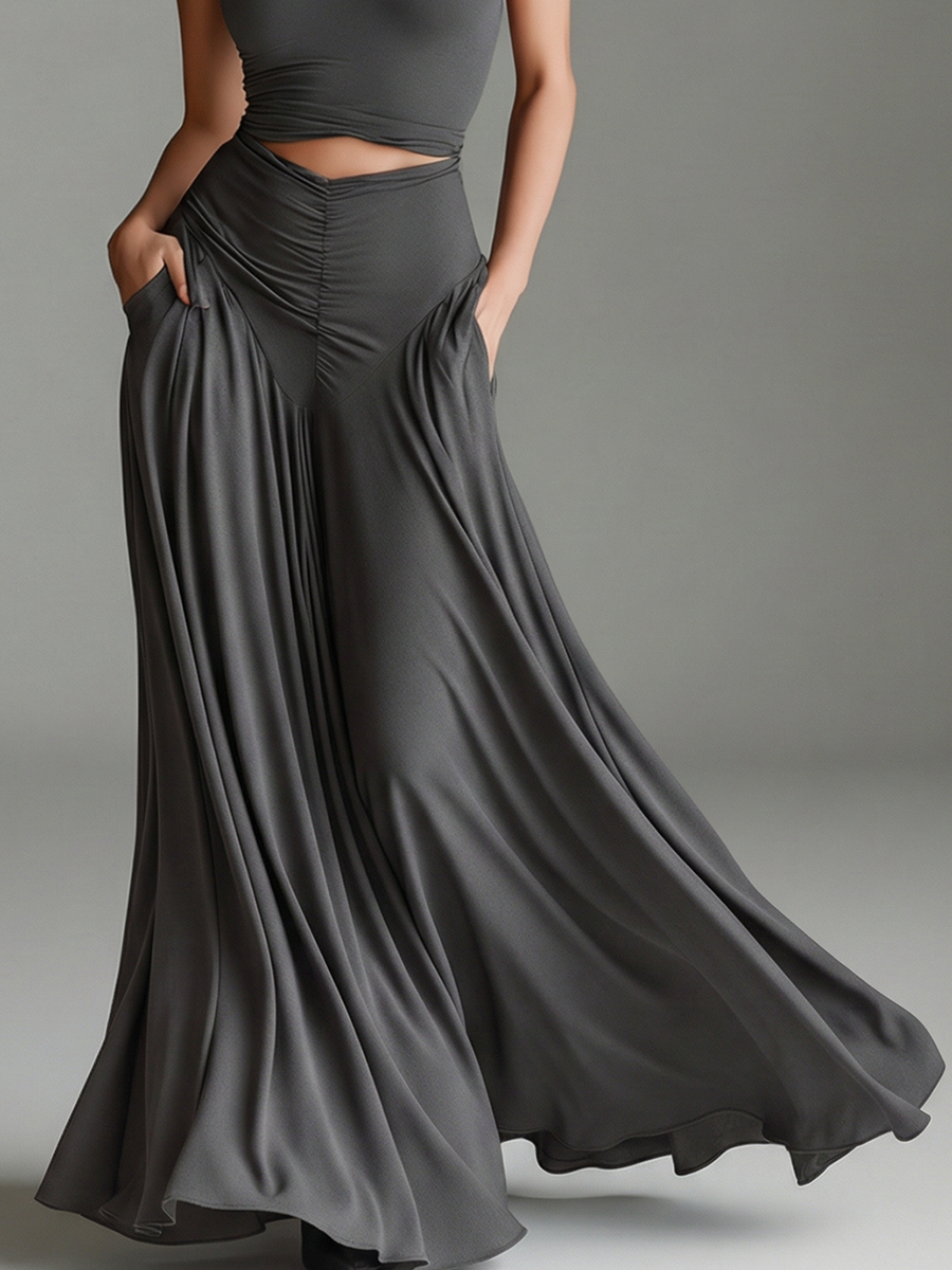 Charcoal Gray Bodycon Dress with Turtleneck Halter and Cutout Waist