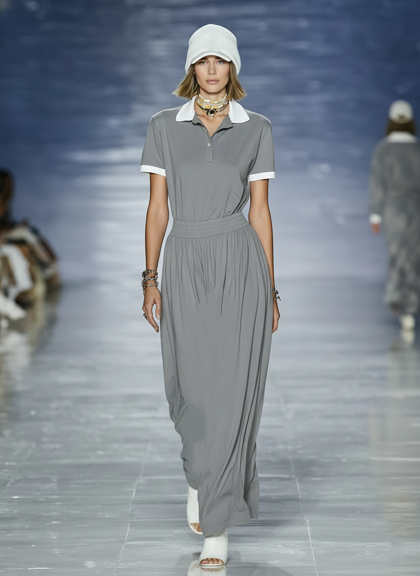 Casual Maxi Dress with Polo Collar and Short Sleeves