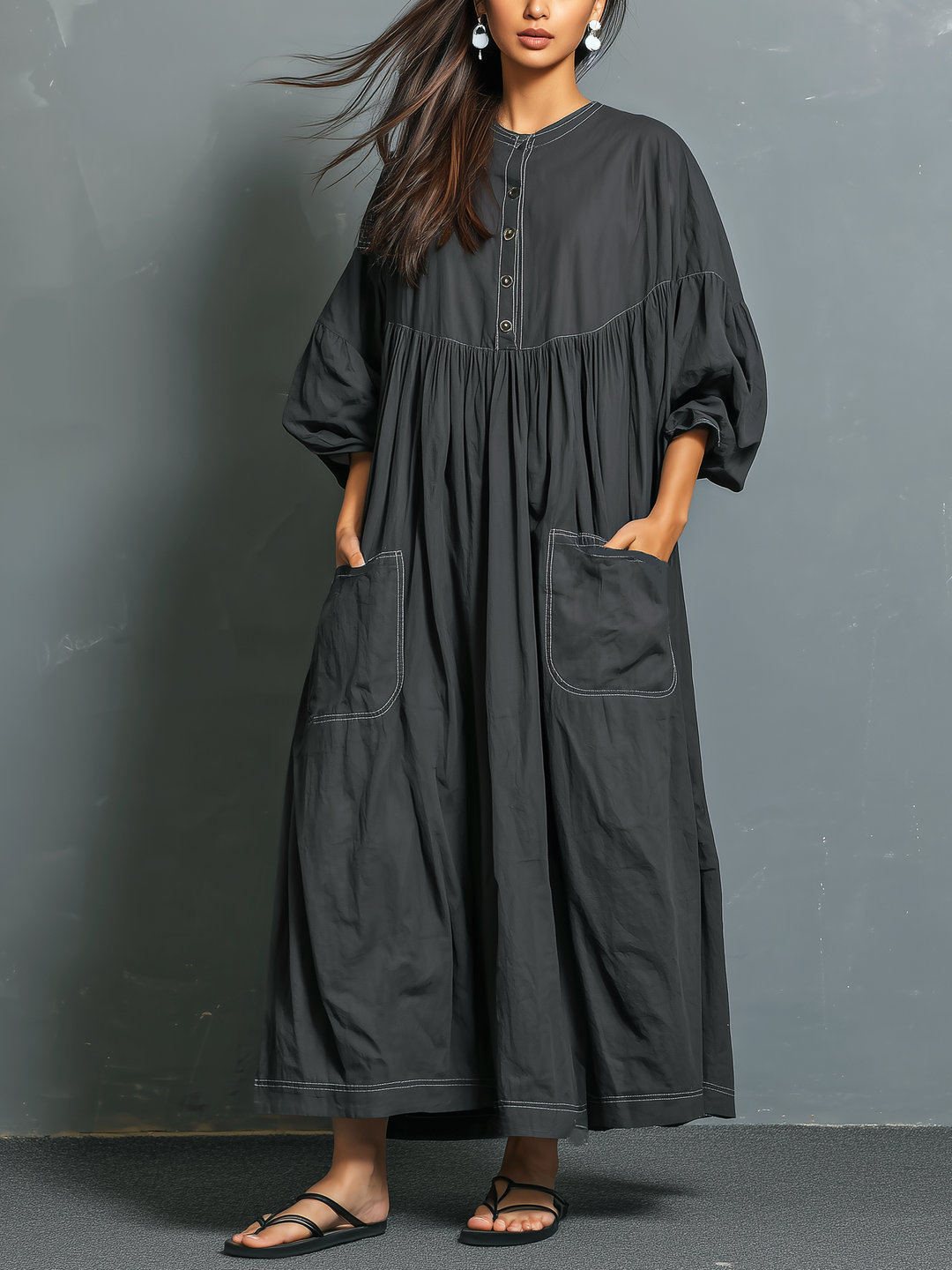 Maxi Dress for Women - Loose Fit Dark Gray Long Sleeve