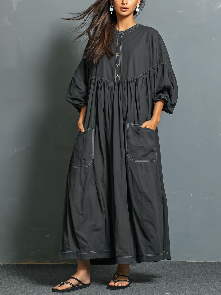 Maxi Dress for Women - Loose Fit Dark Gray Long Sleeve
