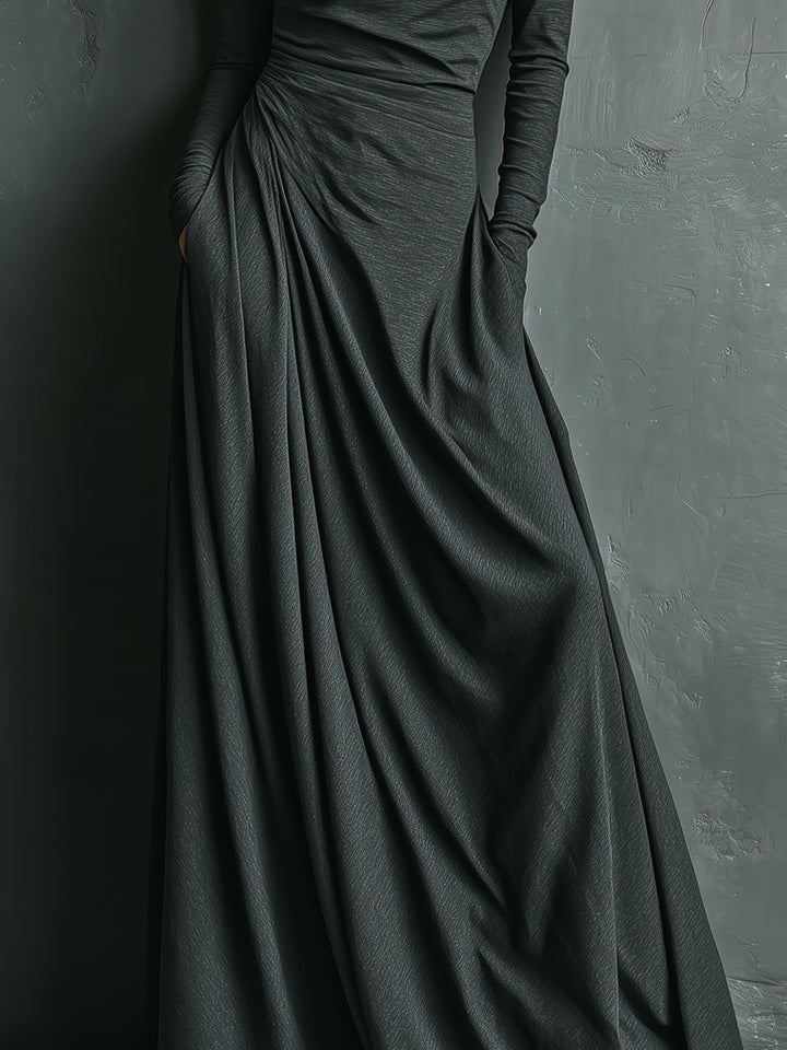 Turtleneck Maxi Dress for Women - Charcoal Long Sleeve Draped