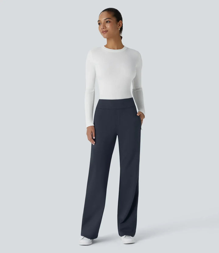 Mid Rise Flare Work Pants with Pockets - Stretch Wrinkle Resistant