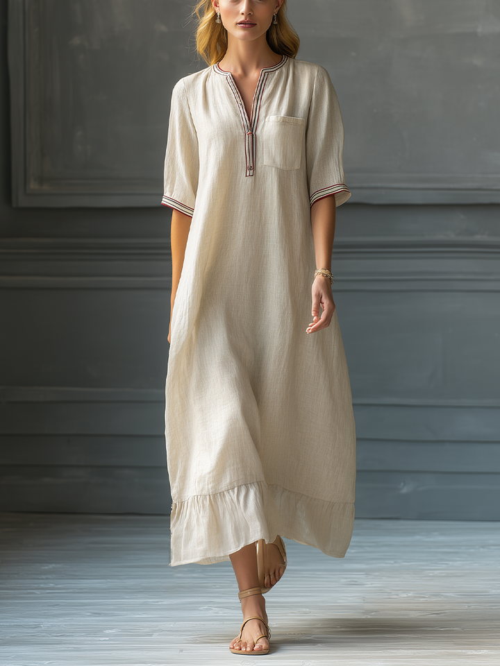 Linen Maxi Dress for Women with V-Neck and Ruffle Hem