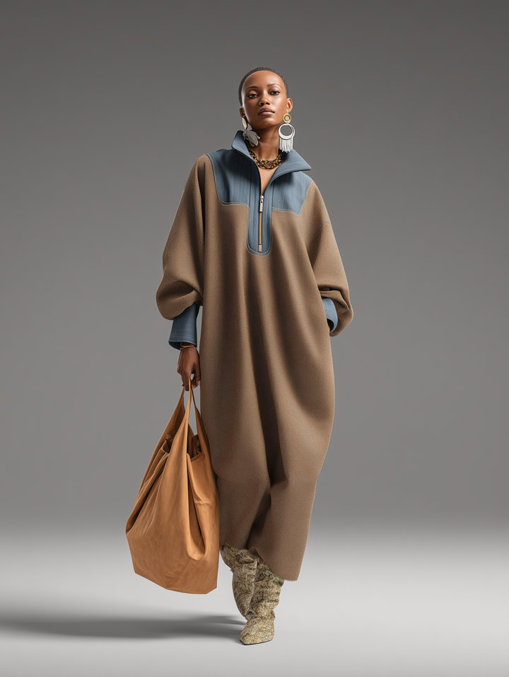 Color Block Maxi Dress with Stand Collar - Loose Fit Long Sleeve