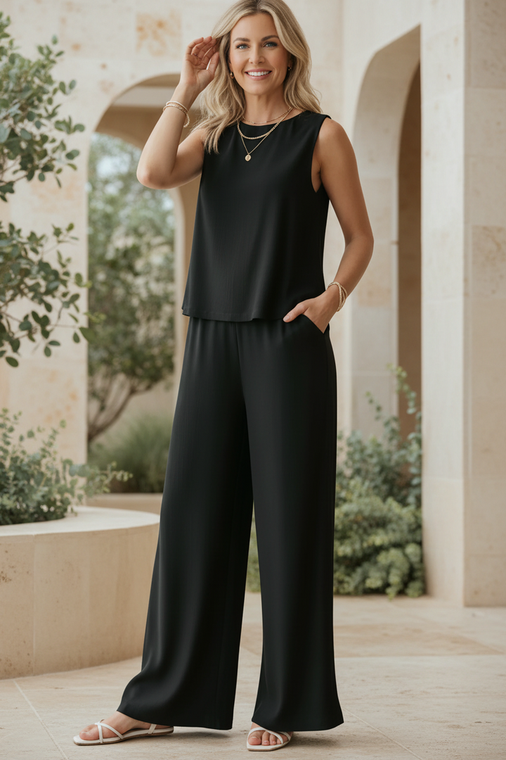 Two Piece Set for Women - Sleeveless Top and High Waisted Pants