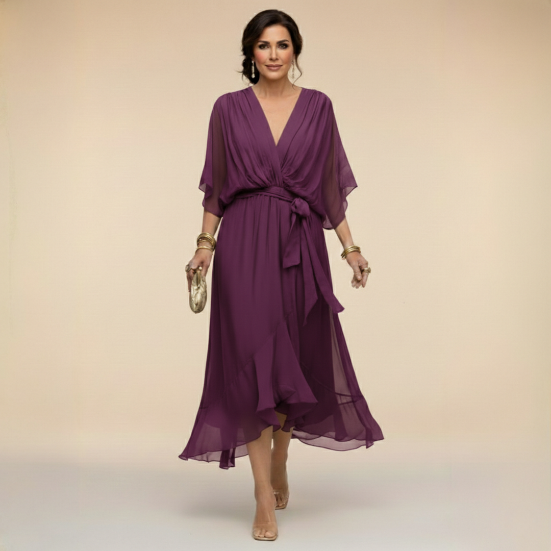 Chiffon V-Neck Dress for Women - Elegant Flowing Midi Dress