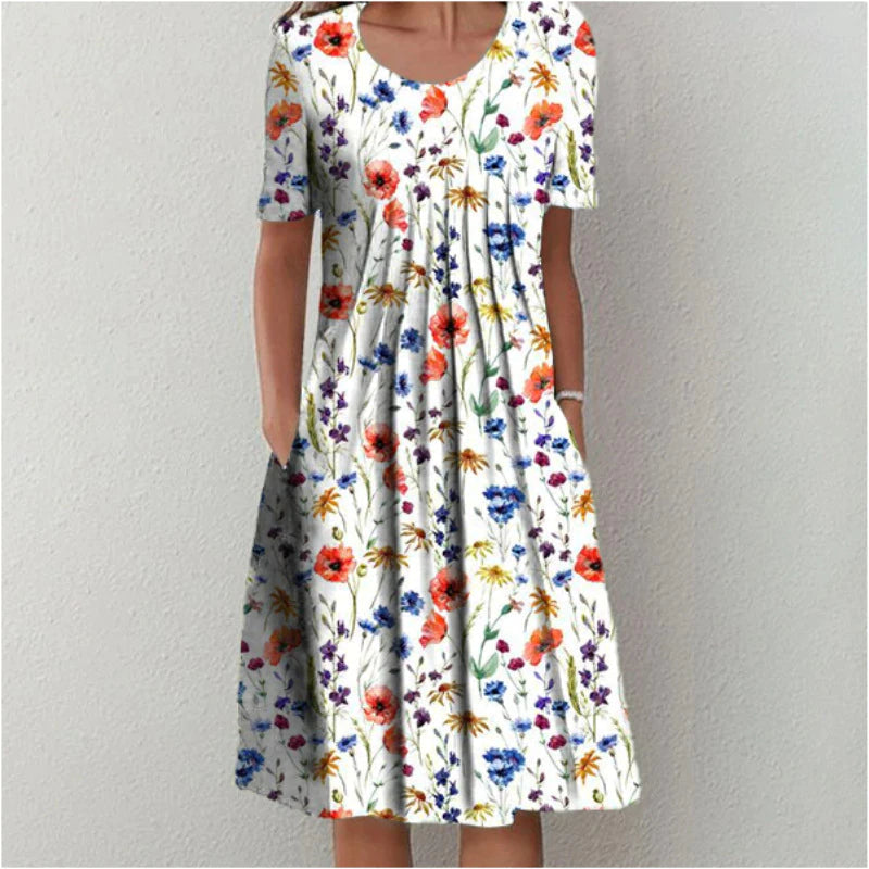 Pleated A-Line Dress with Flattering Fit and Belly Coverage
