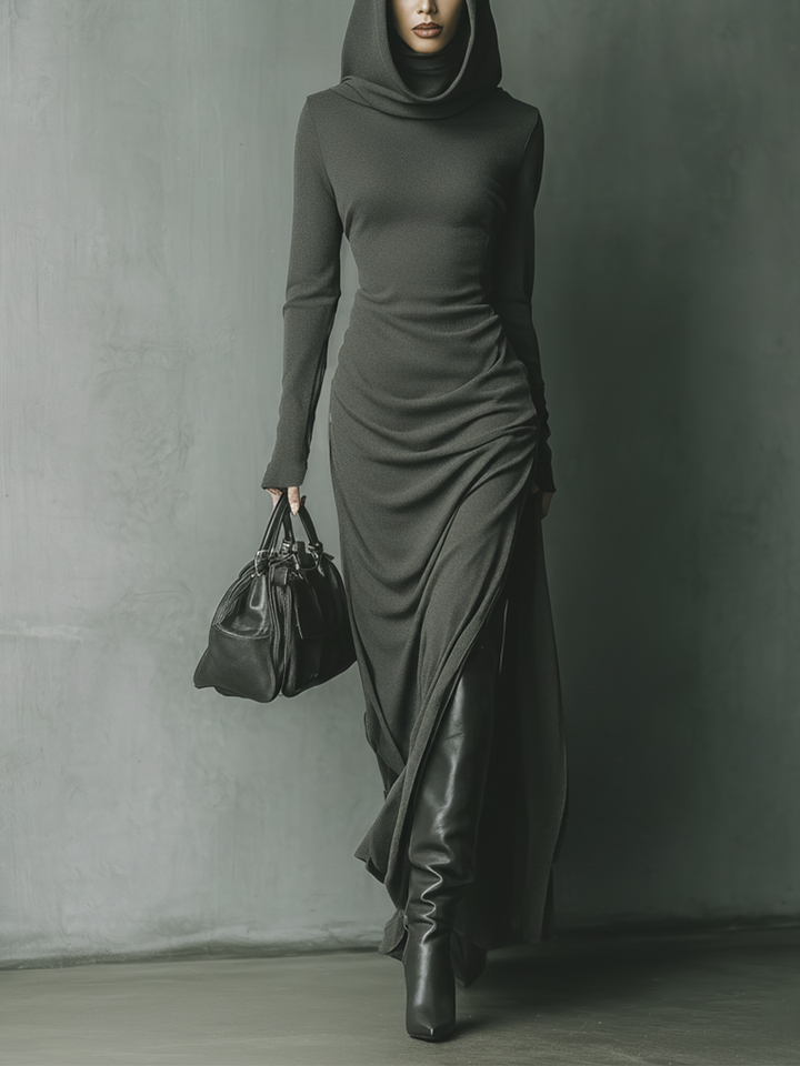 Hooded Maxi Dress Knit Long Sleeve Lounge Dress
