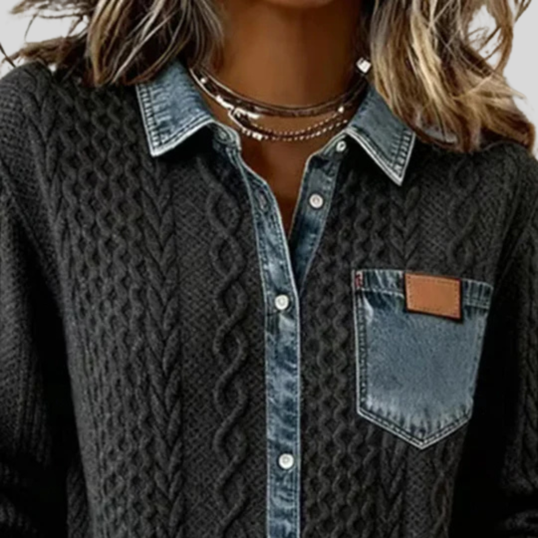 Denim Patchwork Shirt with Cable Knit Detail for Women