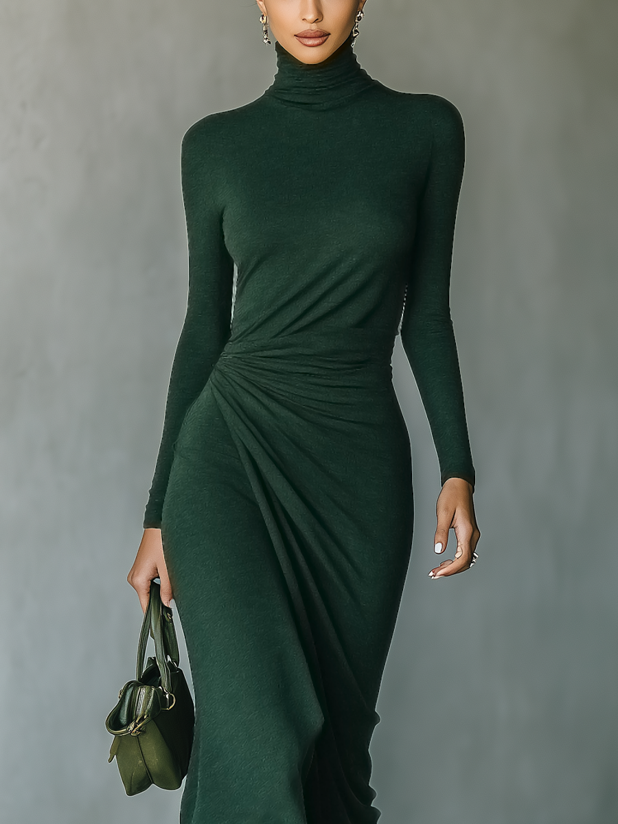Knit Wrap Midi Dress - High Neck Long Sleeve Bodycon