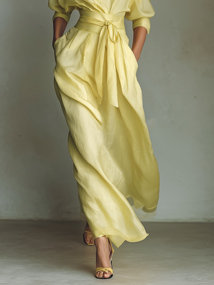 Maxi Shirt Dress in Lemon Yellow Linen Blend with Tie Waist