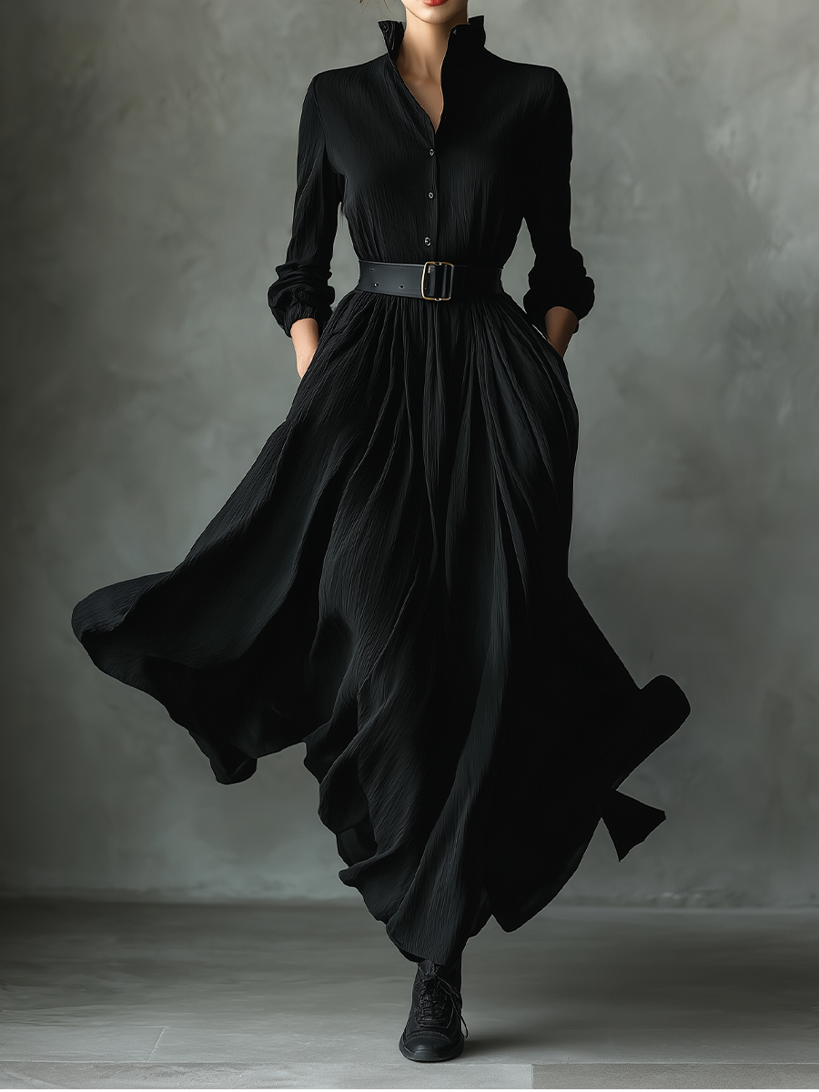 Black Maxi Dress Vintage Pleated Three Quarter Sleeve