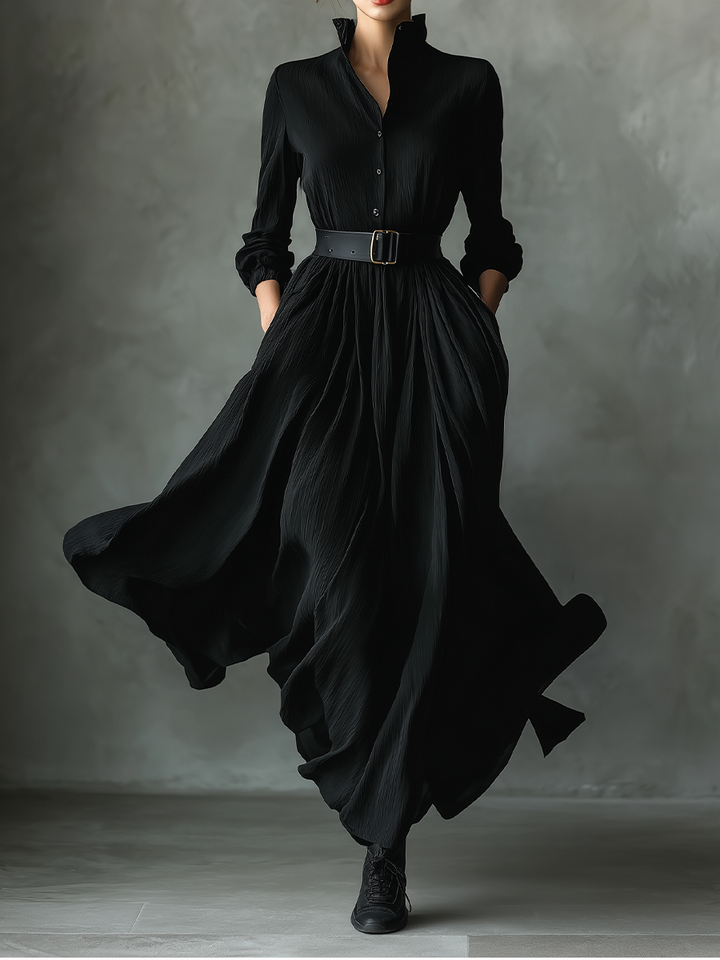 Black Maxi Dress Vintage Pleated Three Quarter Sleeve