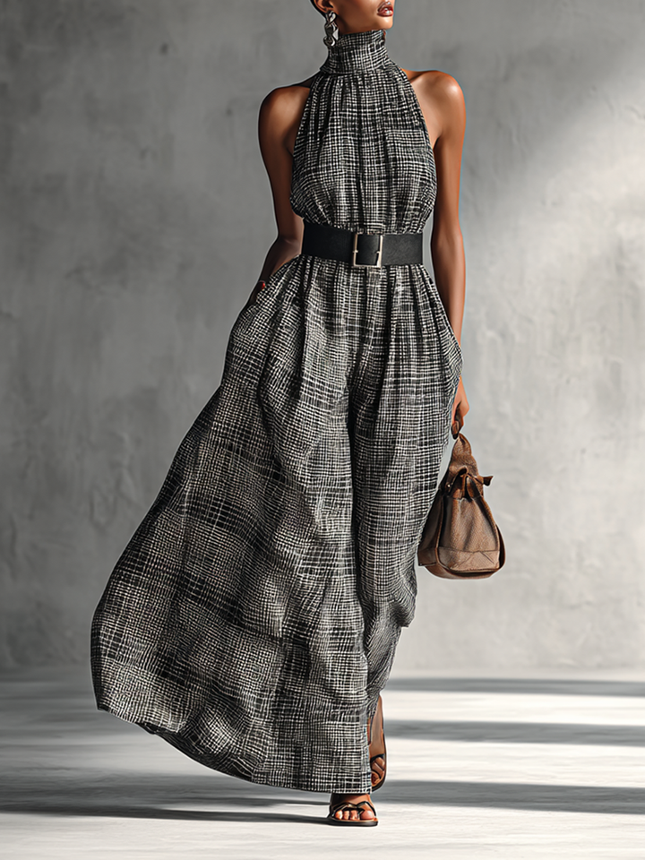 Plaid Maxi Dress with Belt and High Collar for Women