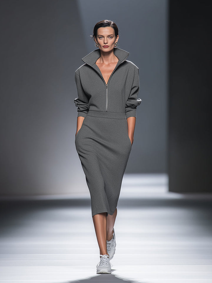 Half Zip Midi Dress Long Sleeve Casual Cotton Blend