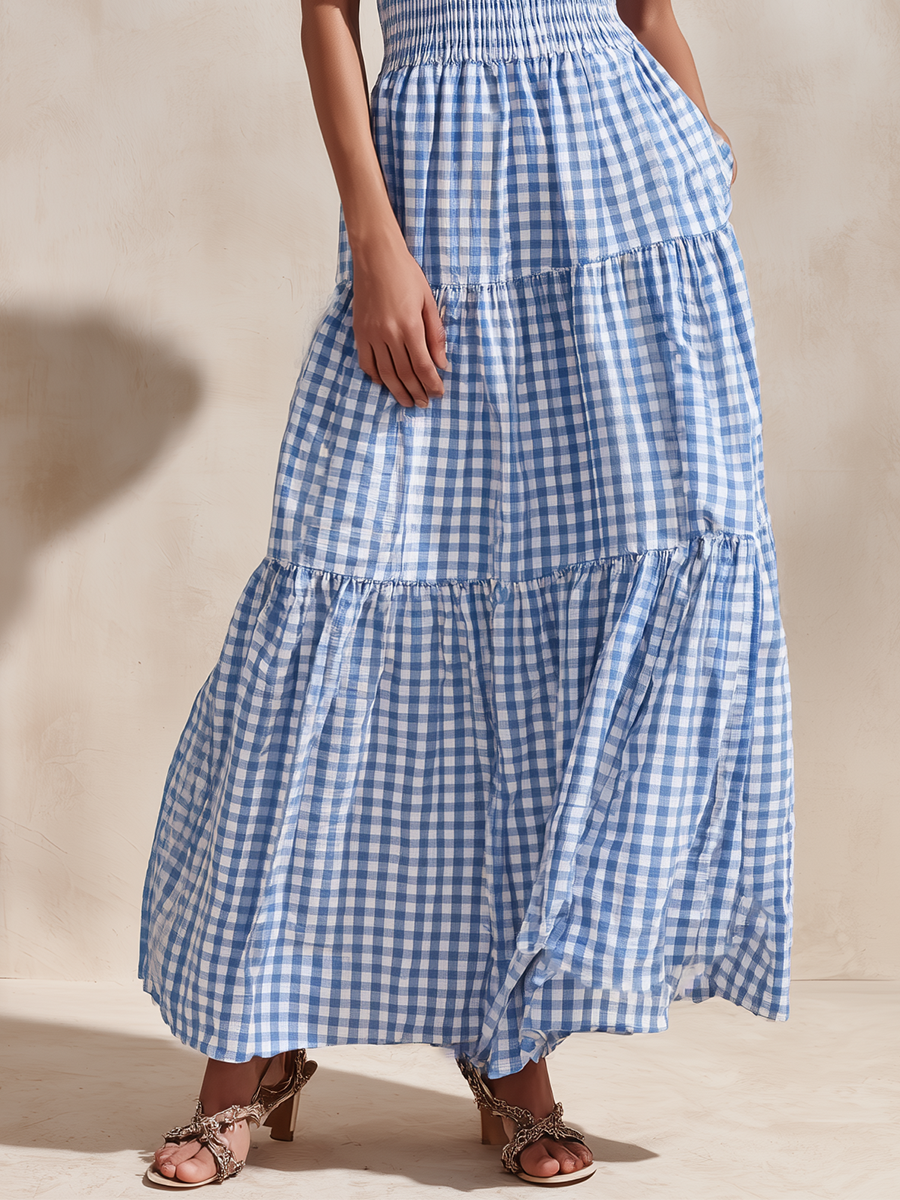 Off-Shoulder Maxi Dress Blue Gingham Tiered Skirt