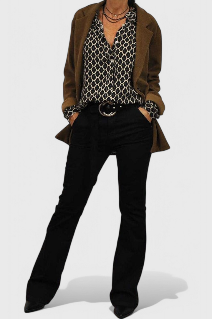 Geometric Print Blouse with Button Details and V-Neck
