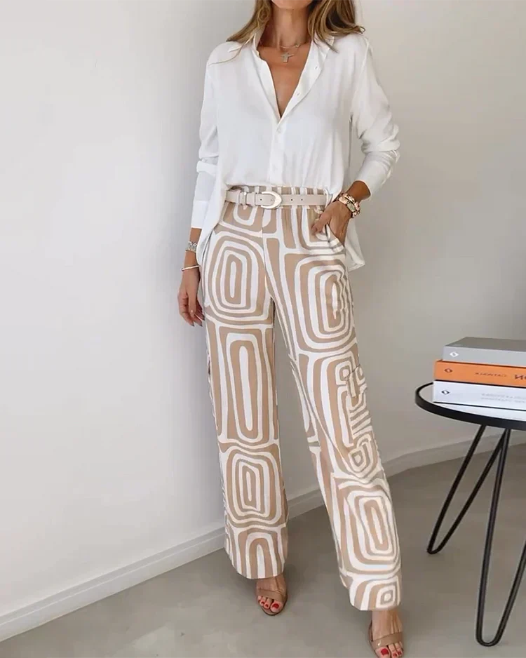 Two Piece Set for Women with Belt - Geometric Print Outfit