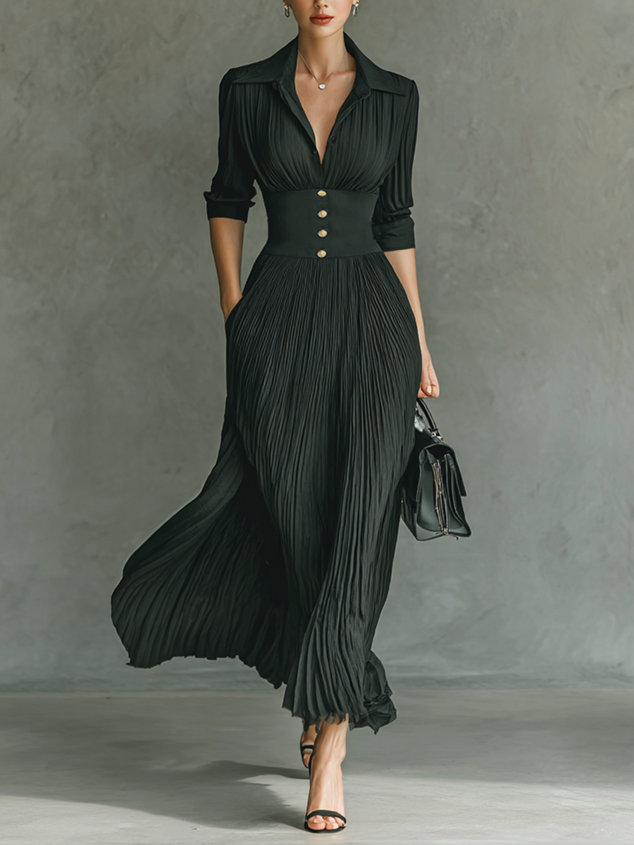 Belted Maxi Dress Long Sleeve with Pleated Skirt and Lapel Collar