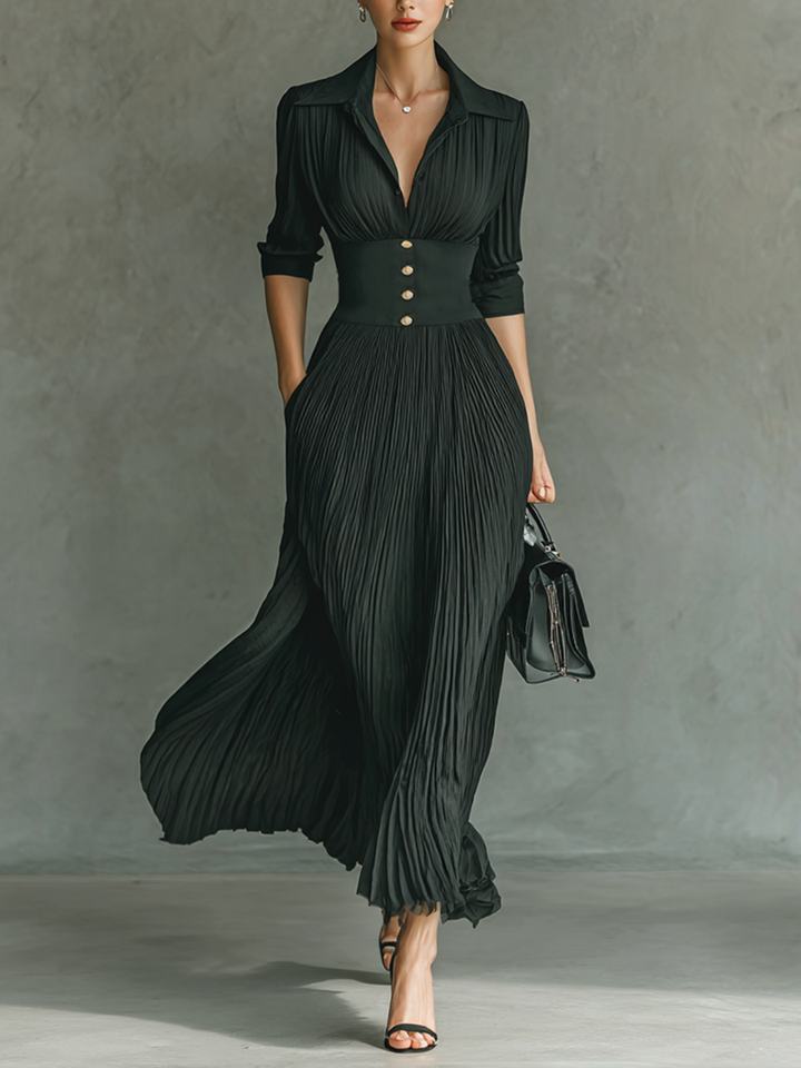 Belted Maxi Dress Long Sleeve with Pleated Skirt and Lapel Collar