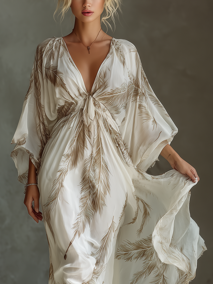 Maxi Dress with Palm Leaf Print and Twist Front Detail