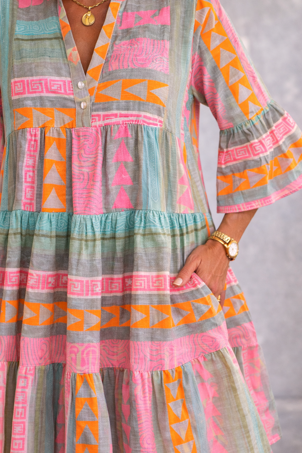 Midi Dress with Geometric Print - Flowy Relaxed Fit