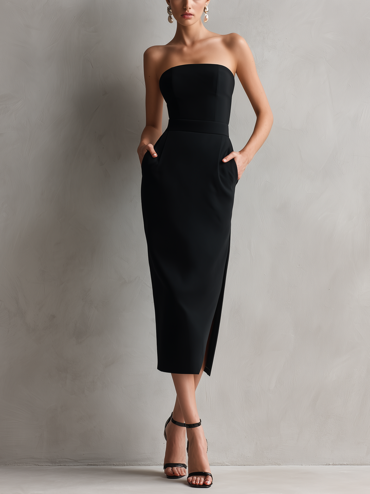 Strapless Bodycon Midi Dress - Black Stretch Cocktail Dress
