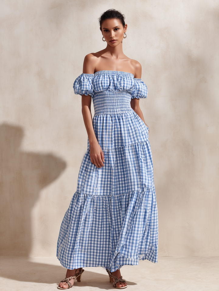 Off-Shoulder Maxi Dress Blue Gingham Tiered Skirt