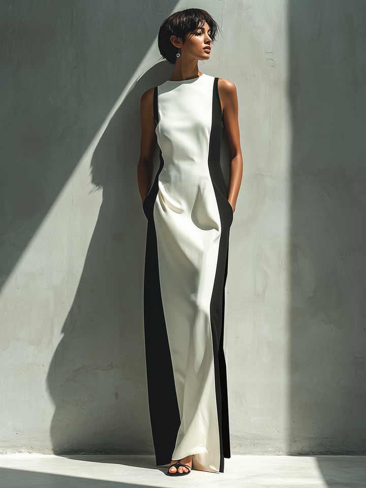 Color Block Maxi Dress Sleeveless with Pockets