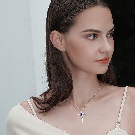 Cross Necklace with Sapphire Heart Stone | White Gold Pendant