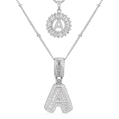 Initial Necklace Set White Gold Pave Letter Pendant