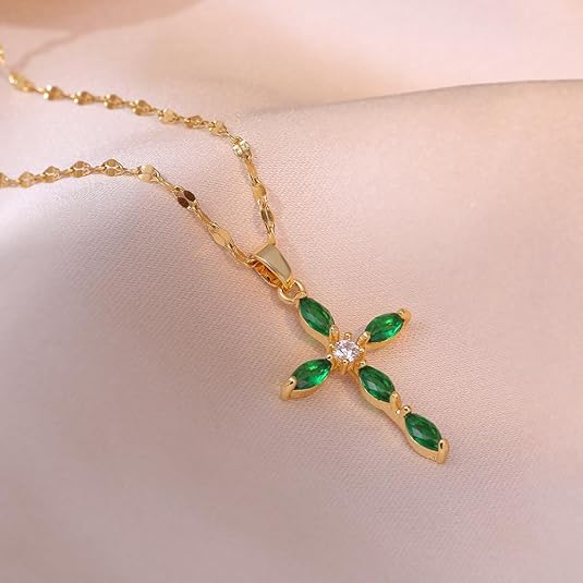 Emerald Cross Pendant Necklace in Gold | Elegant Everyday Jewelry