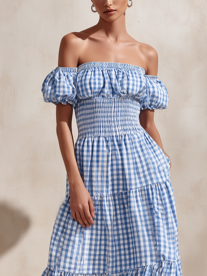 Off-Shoulder Maxi Dress Blue Gingham Tiered Skirt
