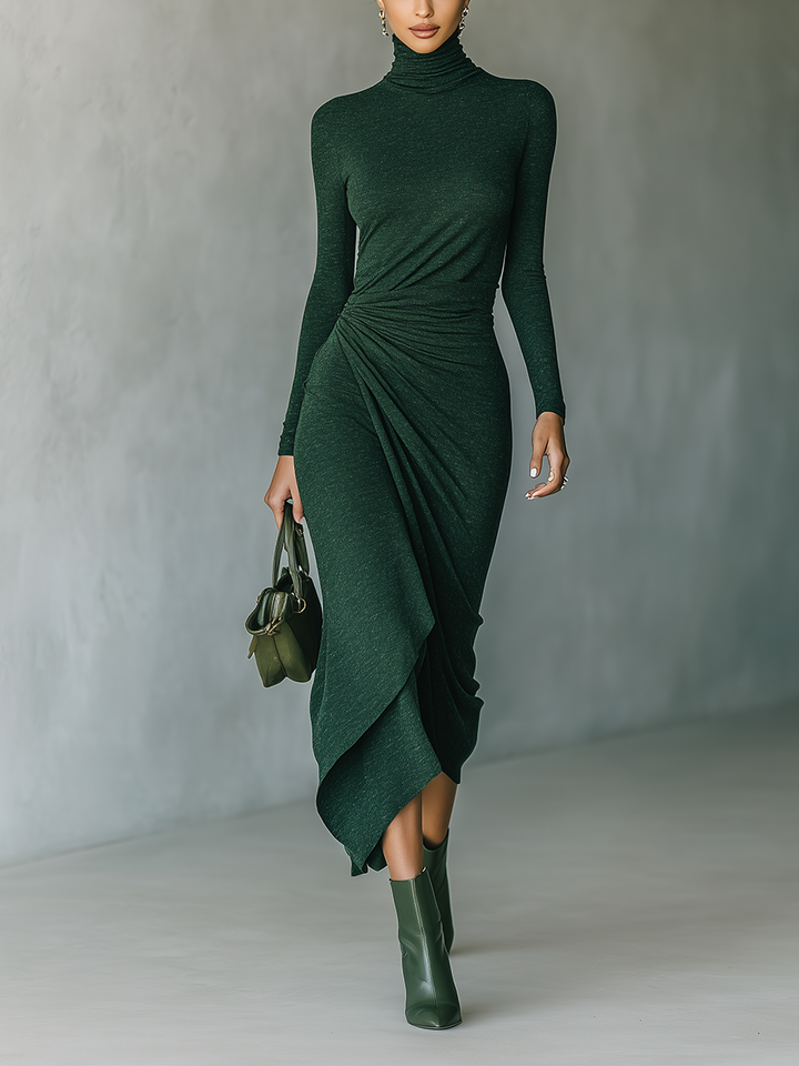 Knit Wrap Midi Dress - High Neck Long Sleeve Bodycon