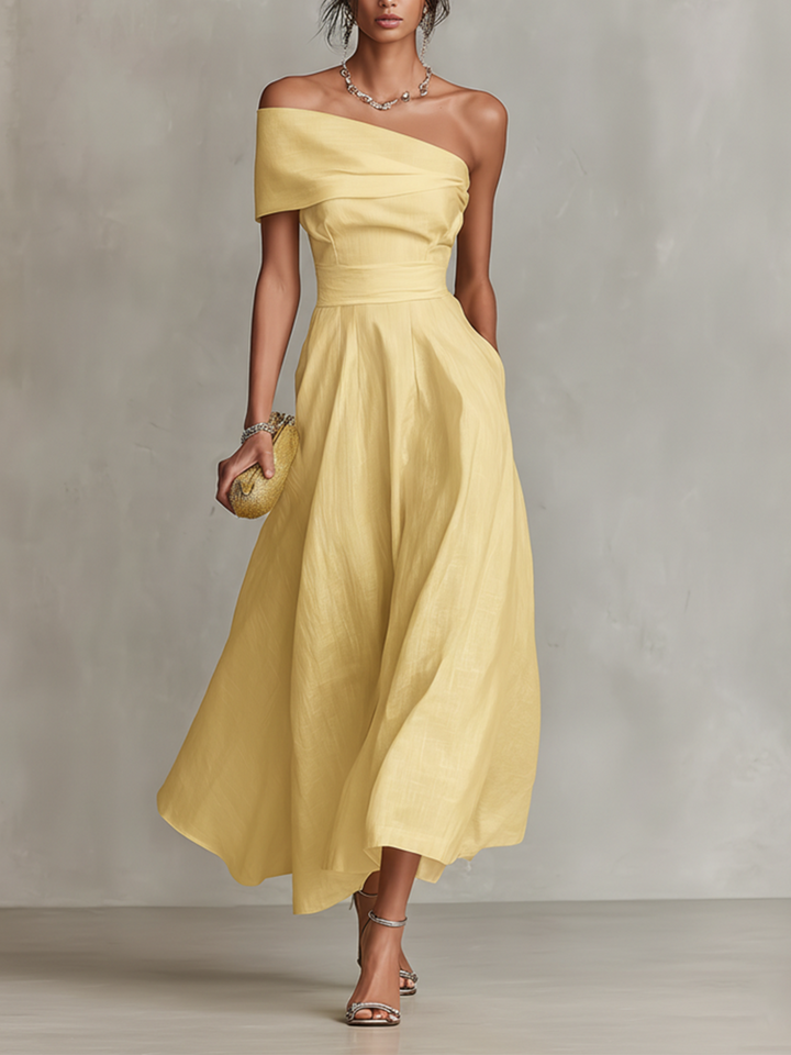 Yellow Linen Midi Dress One Shoulder Elegant Wedding Guest