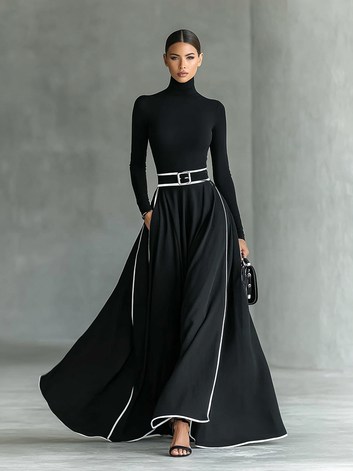 Black Maxi Dress with White Trim and Belted Waist