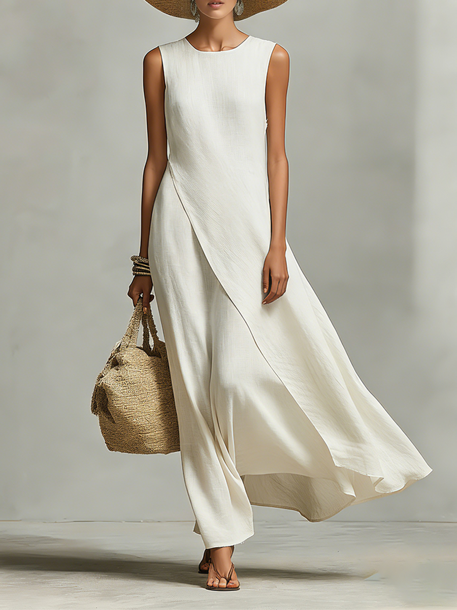 Linen Maxi Dress Women Sleeveless Ivory Asymmetric Hem
